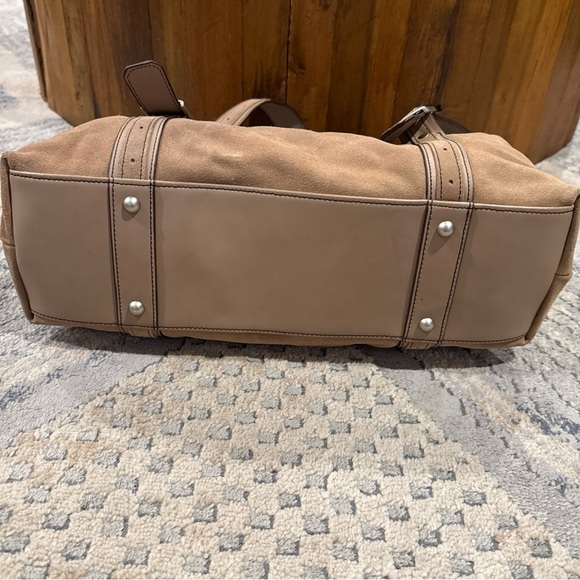 Longaberger Fold Over Hobo Handbag Purse Suede Leather Taupe Sisters P - Picture 7 of 12